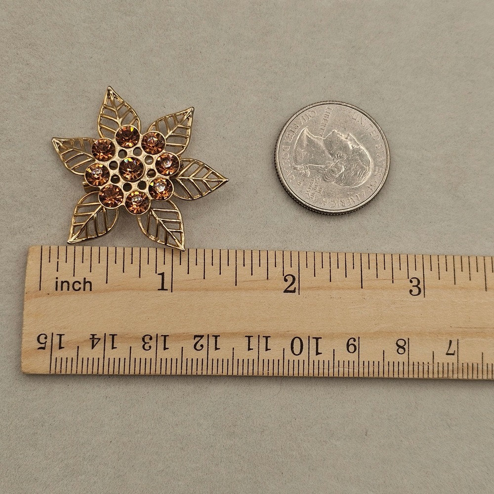 Floral Brooch 2pc Rhinestone Gold Tone Brown Rootbeer Lucite Lot Pins Autumn - Picture 3 of 10